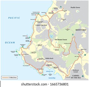 Map of Seventeen Mile Drive a scenic road through Pebble Beach and Pacific Grove on the Monterey Peninsula in California