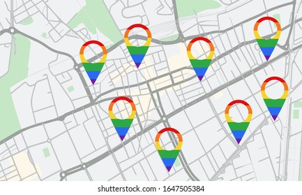 Map with several pointers with the colors of gay pride. Concept of technological application to socialize.