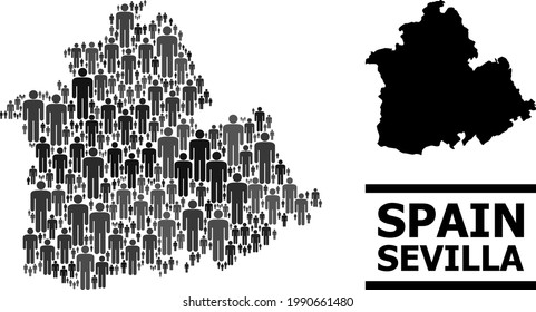 Map of Sevilla Province for demographics propaganda. Vector demographics mosaic. Abstraction map of Sevilla Province created of human elements. Demographic concept in dark grey color tinges.