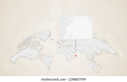 Map of Seychelles with neighbor countries pinned on world map. Abstract triangles World Map.