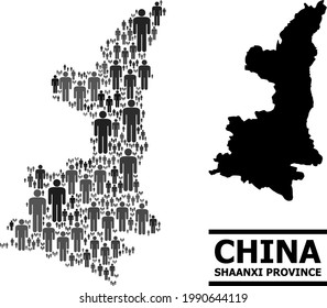 Map of Shaanxi Province for demographics agitprop. Vector demographics collage. Composition map of Shaanxi Province combined of men elements. Demographic scheme in dark gray color hues.