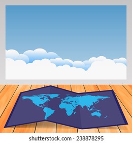 Map with shadow, window, clouds, wooden floor