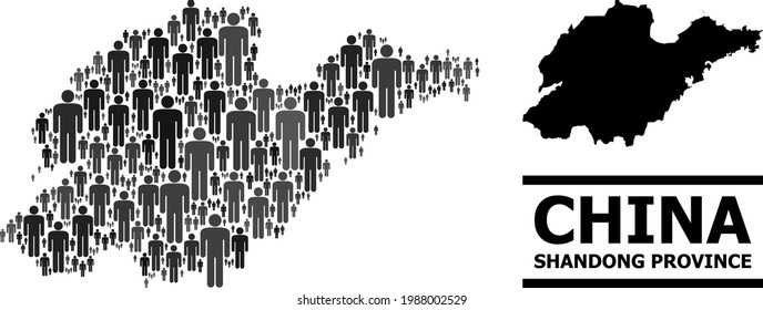 Map of Shandong Province for social promotion. Vector population abstraction. Abstraction map of Shandong Province done of social elements. Demographic concept in dark grey color tints.