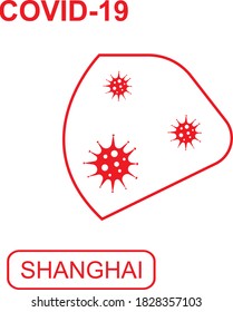 Map of Shanghai labeled "COVID-19". Red outline map on a white background. Vector illustration of a virus, coronavirus, epidemiology.