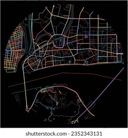 Map of Shantou, Guangdong with all major and minor roads, railways and waterways. Colorful line art on black background.