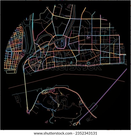 Map of Shantou, Guangdong with all major and minor roads, railways and waterways. Colorful line art on black background.