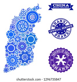 Map of Shanxi Province designed with blue engine symbols, and isolated grunge seals for official repair services.