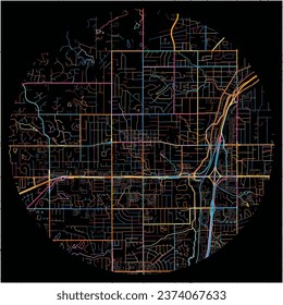 Map of Shawnee, Kansas with all major and minor roads, railways and waterways. Colorful line art on black background.