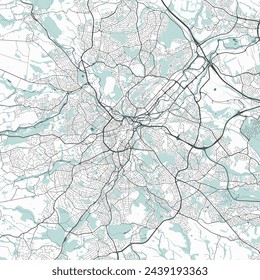 Map of Sheffield, England. Detailed city vector map, metropolitan area. Streetmap with roads and water.