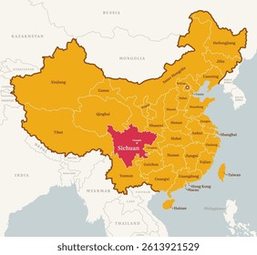 Map of Shicuan province, China, with country border, name, and capital