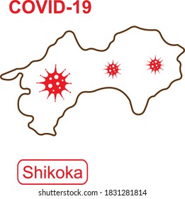 Map of Shikoka labeled "COVID-19". Brown outline map on a white background. Vector illustration of a virus, coronavirus, epidemiology.