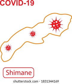Mapa de Shimane etiquetado como "COVID-19". Mapa de esquema naranja sobre un fondo blanco. Ilustración vectorial de un virus, coronavirus, epidemiología.