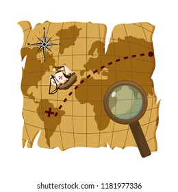 map with ship discovery america and magnifying glass