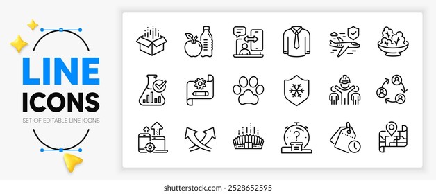 Map, Shirt and Chemistry lab line icons set for app include Time management, Quiz, Intersection arrows outline thin icon. Salad, Cogwheel blueprint, Phone timing pictogram icon. Vector