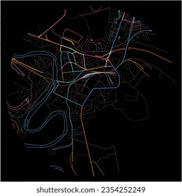 Map of Shirvan with all major and minor roads, railways and waterways. Colorful line art on black background.