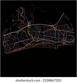 Map of Shoreham-by-Sea, South East England with all major and minor roads, railways and waterways. Colorful line art on black background.