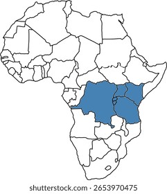 Mapa mostrando a região africana dos Grandes Lagos com fronteiras de país apenas, ideal para geografia, meio ambiente, estudos de água doce e uso educacional.	