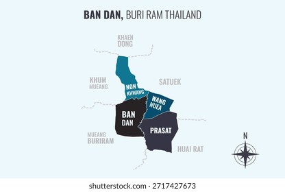 Mapa mostrando o distrito de Ban Dan Buri Ram Thailand dividido em sub-distritos com padrões coloridos minimalistas