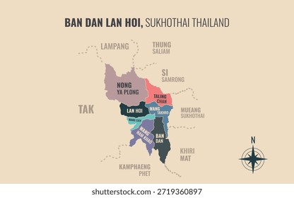 Mapa mostrando Ban Dan Lan Hoi Distrito Sukhothai Tailândia dividido em sub distritos com padrões coloridos minimalistas