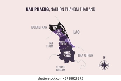 Mapa que muestra el distrito de Ban Phaeng Nakhon Phanom Tailandia dividido en subdistritos con patrones coloridos minimalistas