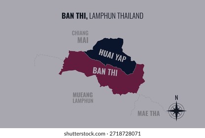 Mapa que muestra el distrito de Ban Thi Lamphun en Tailandia dividido en subdistritos con patrones coloridos minimalistas