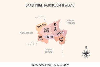 Mapa que muestra el distrito de Bang Phae en Ratchaburi, Tailandia, dividido en subdistritos con patrones coloridos minimalistas