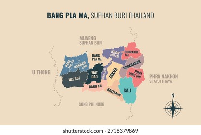 Mapa que muestra el distrito de Bang Pla Ma, Suphan Buri, Tailandia, dividido en subdistritos con patrones coloridos minimalistas