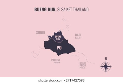 Mapa que muestra el distrito de Bueng Bun Si Sa Ket Tailandia dividido en subdistritos con patrones coloridos minimalistas