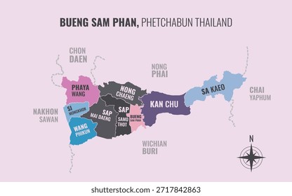 Mapa que muestra el distrito de Bueng Sam Phan Phetchabun Tailandia dividido en subdistritos con patrones coloridos minimalistas