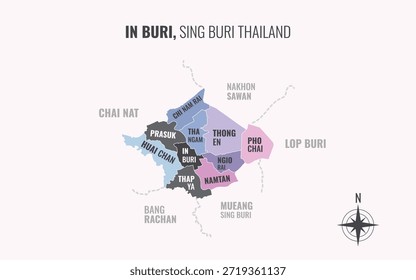 Mapa que muestra en el distrito de Buri Sing Buri Tailandia dividido en subdistritos con patrones coloridos minimalistas
