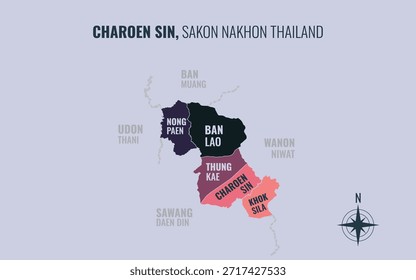 Mapa que muestra el distrito de Charoen Sin Sakon Nakhon Tailandia dividido en subdistritos con patrones coloridos minimalistas
