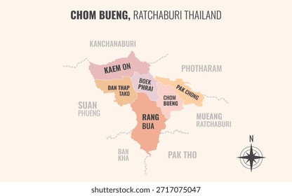 Mapa que muestra el distrito de Chom Bueng Ratchaburi Tailandia dividido en subdistritos con patrones coloridos minimalistas