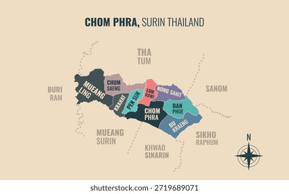 Mapa que muestra el distrito de Chom Phra Surin Tailandia dividido en subdistritos con patrones coloridos minimalistas