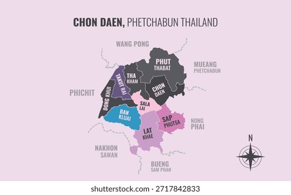 Landkarte mit dem Bezirk Chon Daen Phetchabun Thailand, unterteilt in Unterbezirke mit minimalistisch bunten Mustern