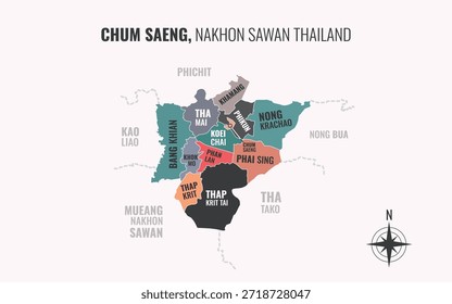Mapa que muestra el distrito de Chum Saeng Nakhon Sawan Tailandia dividido en subdistritos con patrones coloridos minimalistas