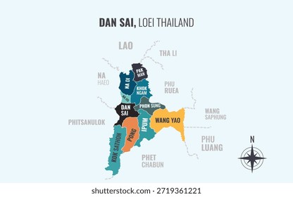 Mapa que muestra el distrito de Dan Sai Loei Tailandia dividido en subdistritos con patrones coloridos minimalistas