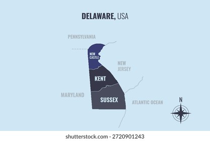 A map showing DE Delaware USPS into County in a minimalist colorful style