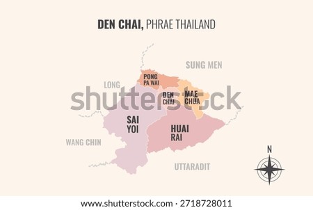Map showing Den Chai District Phrae Thailand divided into sub districts with minimalist colorful patterns