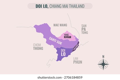 Mapa mostrando o distrito de Doi Lo Chiang Mai Tailândia dividido em sub-distritos com padrões coloridos minimalistas