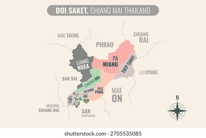 Mapa mostrando o distrito de Doi Saket Chiang Mai Tailândia dividido em sub-distritos com padrões coloridos minimalistas