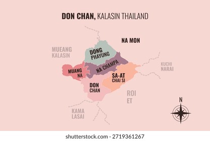 Mapa que muestra el distrito de Don Chan Kalasin en Tailandia dividido en subdistritos con patrones coloridos minimalistas