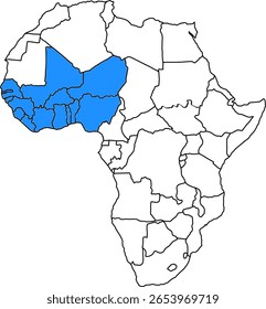 Mapa mostrando os países membros da CEDEAO na África Ocidental somente com fronteiras, ideal para integração regional, política, economia e educação.	
