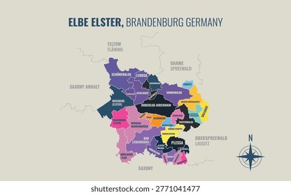 A map showing Elbe Elster BB Kreise into Gemeinden in a minimalist colorful style