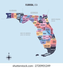Un mapa que muestra a Florida en el condado de USPS en un estilo minimalista y colorido