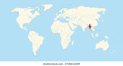 Mapa que muestra la ubicación geográfica de Myanmar en el sudeste asiático sobre un fondo de mundo blanco limpio