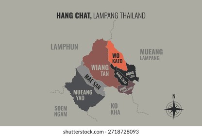 Mapa que muestra el distrito de Hang Chat Lampang Tailandia dividido en subdistritos con patrones coloridos minimalistas