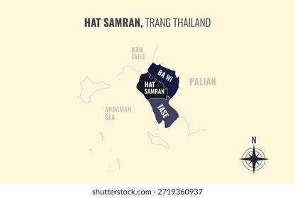 Mapa que muestra el distrito de Hat Samran Trang Tailandia dividido en subdistritos con patrones coloridos minimalistas