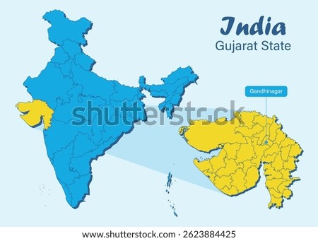 Map showing India with Gujarat highlighted, including all districts and capital city, Gandhinagar. Gujarat political and geographical map. Gujarat District vector map illustration. 