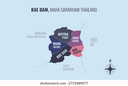 Mapa que muestra el distrito de Kae Dam, Maha Sarakham, Tailandia, dividido en subdistritos con patrones coloridos minimalistas