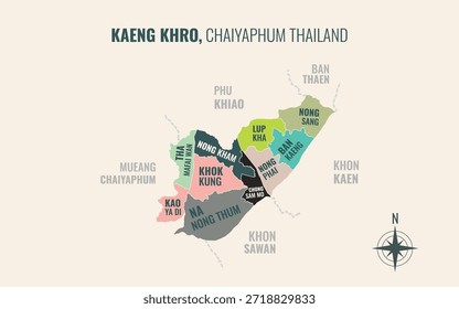 Mapa que muestra el distrito de Kaeng Khro en Chaiyaphum, Tailandia, dividido en subdistritos con patrones coloridos minimalistas